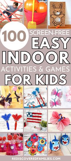 Looking for fun indoor activities for kids when the weather is miserable? We've found over 100 boredom busters that will keep all ages busy. From creative projects to simple indoor games, you'll find plenty of easy fun to keep your kids engaged. Whether you need quick activities or something to fill an afternoon, these ideas are perfect. Visit rediscoveredfamilies.com for easy indoor activities and games for kids. Save this pin so you can easily find these activities when boredom strikes! Babysitting Activities For All Ages, Fun Games To Play With Kids, Indoor Party Games For Kids, Indoor Winter Activities, Fun Indoor Activities For Kids, Activities For Kids At Home, Easy Indoor Activities, Indoor Party Games, Activity Games For Kids