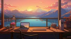 a laptop computer sitting on top of a wooden desk next to a window with mountains in the background