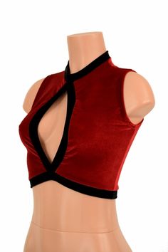 "This item is made to order, please read all the way through the listing before purchasing! This crop top is made from four way stretch lycra spandex in soft, super luscious red velvet fabric. Black velvet fabric accents around the middle opening, neckline, and hemline. It features a keyhole design in front, with a high back, and fits like a glove! TOP LENGTH: Underarm to hemline measures 8\" Womens Sizing (See below for instructions on where measurements should be taken) XXS: Bust 29\"-30\" / W Fitted Vest Top For Club, Red Fitted Crop Top For Club, Red Stretch Crop Top For Club, Fitted Red Crop Top For Club, Fitted Vest Crop Top For Club, Red Stretch Halter Top, Red Fitted Halter Neck Top, Fitted Red Halter Neck Top, Fitted High Neck Vest Top