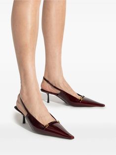 Saint Laurent's Carine Slingback Pump feature a pointed toe, kitten heel, and a low square-cut vamp with horse bit detail. Luxury Slingback Pumps With 4-inch Heel And Pointed Toe, Luxury 4-inch Slingback Kitten Heels, Red Slingback Sandals With 4-inch Heel And Pointed Toe, Red 4-inch Heel Slingback Heels, Luxury Brown Slingback Pumps With 4-inch Heel, Horse Bits, Anthony Vaccarello, Square Cut, Long Sleeve Mini