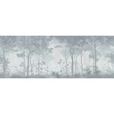 a wallpaper with trees and bushes in grey tones on the side of a white background