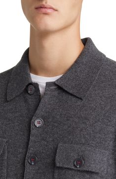 Experience cozy luxury with this merino-wool-and-cashmere cardigan, perfect for the bold person. Expertly crafted from top-notch materials, it offers light warmth, unmatched softness and a versatile style that adapts from laid-back to professional settings. Invest in quality, ease and daring elegance. Spread collar Ribbed cuffs and hem 90% merino wool, 10% cashmere Dry clean or hand wash, dry flat Imported Long Sleeve Cashmere Cardigan With Buttons, Classic Wool Collared Cardigan, Cashmere Long Sleeve Sweater With Button Closure, Casual Merino Wool Button-up Outerwear, Winter Cashmere Button-up Sweater, Winter Cashmere Button-up Cardigan, Winter Cashmere Top With Button Closure, Fall Cashmere Sweater With Button Closure, Fall Cashmere Button-up Cardigan