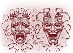 two masks with mouths open and faces drawn in red ink on white paper, one has an evil look