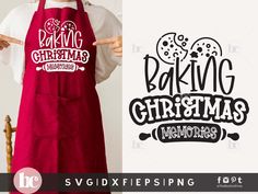 a woman wearing an apron with the words baking christmas memories in black and white on it