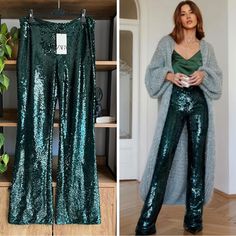 Zara Green Sequin Pants Size Xs. Sold Out! Limited Edition Zara Sequin Pants, Green Sequin Pants, Green Sequin Pants Outfit, Sequin Trousers Outfits Party, Glitter Pants Outfit Night Out, Green Wide Leg Pants For Evening, Green Sequined Evening Bottoms, Green Wide Leg Full Length Pants For Party, Party Season High-waisted Wide Leg Pants