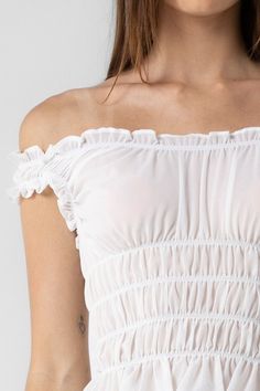 Woven ruffle off the shoulder cropped top. DETAILS• Fabric: 100% POLYESTER Swim Gifts, Shoulder Crop Top, Ruffle Top, Off The Shoulder, Set Dress, Shop Now, Crop Tops, Dresses, Fabric