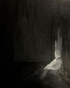 a black and white painting of a person sitting in a dark room with their legs crossed