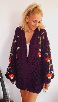 handmade mushroom embroidered cardigan. it is knitted and processed with high-quality ropes.thanks to its soft texture, it does not cause sweating, sagging and fading. colors.it it is knitted in the desired size and length.please contact me for your size information before placing an order.  length       :65 cm (25,5 inch)    size           :          XS S M L         washing instructions  :       It is washed in a short program in the washing machine and dried in the form of folding Cozy Purple Knit Cardigan, Embroidered Knit Long Sleeve Outerwear, Embroidered Knit Cardigan For Fall, Purple Knit Cardigan For Fall, Purple Long Sleeve Winter Cardigan, Purple Long Sleeve Cardigan For Winter, Purple Knitted Long Sleeve Cardigan, Purple Knitted Long Sleeve Outerwear, Purple Knitted Outerwear For Spring