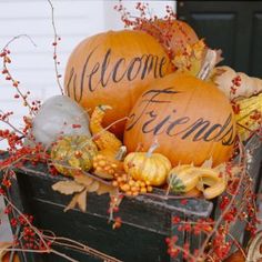 pumpkins and gourds with welcome friends written on them sitting in a crate