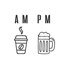 a cup of coffee and a mug of beer with the words ampm above it