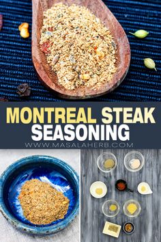 several different types of food are shown in this collage with the words, montreall steak seasoning