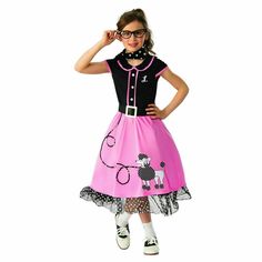 Girls 50s Sweetheart Halloween Costume  SIZE  L (12/14)           --D1-- Description Heading to the hop? This 50's Sweetheart costume is a cool pink and black and comes with a dress, pettiskirt, belt, scarf and monograms. The poodle skirt has a black and white poodle on the bottom with a leash that extends to the waist. It’s a fun outfit for Halloween and 50s themed parties. Girls 50s Sweetheart Halloween Costume Features: Product Details: color: Multicolor size:  S OR L model: 279382 gender: Fe Black And White Poodle, Poodle Dress, Outfit For Halloween, Belt Scarf, White Poodle, California Costumes, Costumes For Teens, Poodle Skirt, Pink Poodle