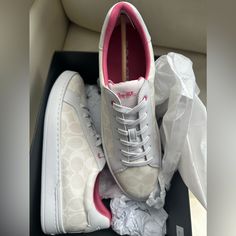 New In Box White, Cream And Pink Coach Tennis Shoes Trendy Coach Sneakers For Spring, Coach Sneakers Women, White Coach Sneakers With Rubber Sole, Casual Pink Coach Sneakers, Coach Women Shoes