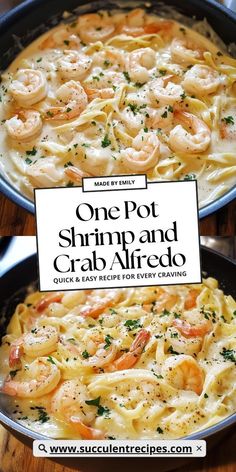 one pot shrimp and crab alfredo in a skillet with the title overlay that reads, one pot shrimp and crab alfredo