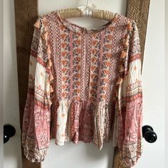 New American Eagle Blouse Bell Sleeve Boho Mixed Media Peasant Size Small Tassels Pastel Pink Gorgeous. Thought It Was From Anthropologie. Excellent Quality & Detail New Without Tags 22” Long 17” Pit To Pit Inventory Bin B Long Sleeve Fringe Top For Vacation, Long Sleeve Tassel Tops For Vacation, Folk Style Boho Print Tops For Vacation, Bohemian Spring Tops With Tassel Ties, Bohemian Long Sleeve Blouse With Fringe, Bohemian Long Sleeve Blouse With Back Tassel Tie-up, Bohemian Long Sleeve Fringe Blouse, Bohemian Tops With Tassel Ties For Spring, Bohemian Fringe Blouse For Vacation