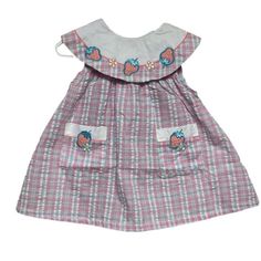 NEW Vintage Toddler Seersucker Pink Blue Strawberry Plaid Collared Dress Cottagecore Prairie Dead-stock! Brand new toddler dress - perfect for a summer get-together or special occasion No damage or flaws Sweet strawberry patches on oversized Peter Pan collar A-Line with back button closure 2 front pockets 100% Cotton Multiple Sizes (6 - 18 months) Gingham Seersucker Dresses For Spring, Spring Seersucker Gingham Dress, Spring Gingham Seersucker Dress, Playful Cotton Dress For Picnic, Summer Ruffle Dress In Lightweight Fabric, Cute Seersucker Dresses For Spring, Cute Seersucker Spring Dresses, Playful Gingham Dress For Playtime, Cute Seersucker Summer Dresses