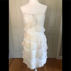 Super Fluffy White Party Dress. Size 4. Tiered Strapless Dress With Ruffles For Wedding, Elegant Strapless Lace Dress With Ruffles, Spring Strapless Ruffled Dress For Formal Occasions, Spring Formal Strapless Dress With Ruffles, Formal Ruffled Strapless Spring Dress, Formal Spring Strapless Ruffle Dress, Formal Spring Strapless Dress With Ruffles, Fitted Lace Strapless Dress With Ruffles, Spring Wedding Strapless Tiered Dress