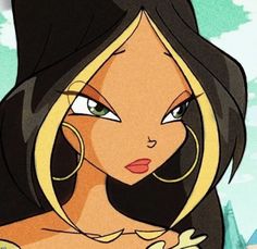 an animated image of a woman with long hair and big hoop earrings on her head