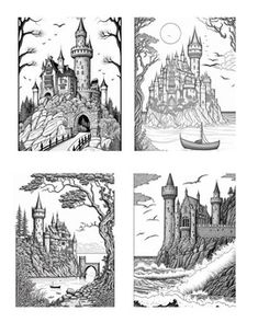 four black and white drawings of castles