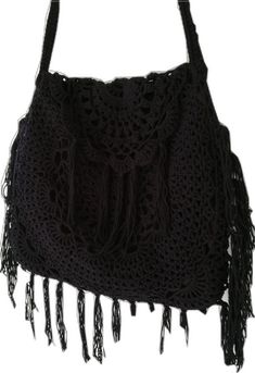 a black crocheted bag with fringes on it