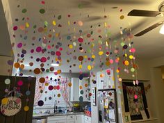 multicolored confetti hanging from the ceiling in a kitchen