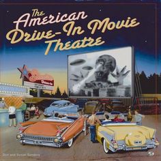 an advertisement for the american drive - in movie theatre with cars and people standing around