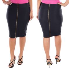 Stretch, Curve-Hugging Forever Young Pencil Skirt With A Classic Fit And A Zipper That Can Be Worn Either Down The Front Or The Back. Creates A Professional Look With A Button Down Blouse And Heels. A True Statement In Ladies Fashion! * 95% Poly, 5% Spandex * Made In Usa * Pull On, Not Lined, Super Comfortable * Can Be Worn At Or Below Waist * Approx. 23.5" Long. Waist: Small 24", Medium 25", Large 27", Xl 29". Fitted Black Bottoms With Metal Zipper, Black Party Bottoms With Back Zipper, Stretch Mini Skirt With Zipper For Night Out, Stretch Skirt With Zipper Closure For Night Out, Black Skirt With Zipper Closure For Work, High Waist Black Skirt With Side Zipper, Pencil Skirt With Zipper Closure For Night Out, Black High-waist Skirt With Side Zipper, Black Zipper Skirt For Work