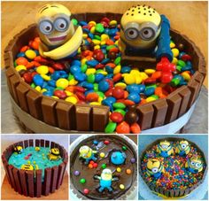 a cake with two minion characters in the middle of it and candy balls all around