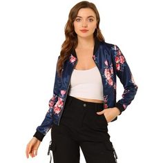 Stylish floral bomber jacket will be your casual favorite. Perfect to wear it with straight high-rise jeans and sneakers. The fabric is super soft and the printed is unique and beautiful. Refresh your coat collection with this floral bomber jacket. Features with floral pattern, making this zipper jacket a timeless piece for spring or autumn. Spring Outerwear With Ribbed Cuffs, Trendy Floral Print Long Sleeve Outerwear, Trendy Long Sleeve Floral Print Outerwear, Floral Print Jacket, Floral Jacket, Lightweight Shorts, Black Pencil, All Black Outfit, Pencil Pants