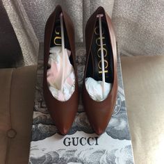 Brand New Chocolate Brown Gucci Heels 36.5. Will Ship With Box. Gucci Block Heels In Calf Leather, Gucci Calf Leather Block Heels, Gucci Block Heel Calf Leather Heels, Gucci High Heel Calf Leather Heels, Gucci Pointed Toe Heels For Work, Gucci Almond Toe Heels For Office, Gucci Block Heels For Office, Chic Gucci Heels For Business, Gucci Pointed Toe Heels With Padded Heel