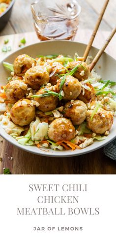 Sweet chili chicken meatball bowls in a white bowl. Sweet Chilli Chicken Meatballs, Trader Joes Chicken Meatball Recipe, Chicken Meatball Bowls, Asian Chicken Breast Recipes, Meatball Bowls, Lemons Recipes, Jar Of Lemons, Flexitarian Recipes