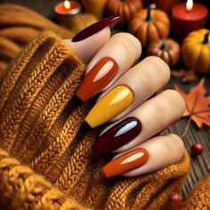 Bring cozy vibes to your nails with these warm-toned fall nail designs! 🍁 Simple Autumn Nails Coffin, Maroon And Orange Fall Nails, Acrylic Nail Designs Coffin November, Fall Acyrilics Nails Almond, Cute Fall Nails Coffin Shape, Autumn Style Nails, Short Nails For November, Autumn Colored Nails, Mustard Yellow Nail Ideas