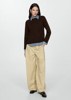 Fine-knit wool-blend sweater - Woman | MANGO USA Brown Turtleneck Sweater For Work, Fall Cotton Polo Sweater With Textured Knit, Chic Wool Tops For Workwear, Chic Wool Tops For Work, Textured Knit Long Sleeve Merino Wool Top, Textured Knit Merino Wool Long Sleeve Top, Fall Turtleneck Sweater For Work, Cotton Textured Knit Polo Sweater For Work, Winter Wool Tops With Relaxed Fit