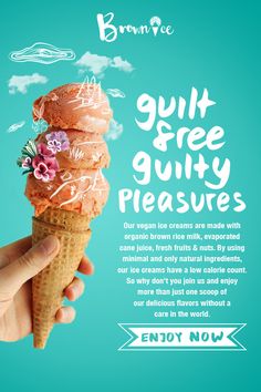 a hand holding an ice cream cone with flowers on it and the words gully free guilty pleasure