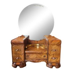 a wooden dresser with a mirror on it's top and bottom drawer, in front of a white background