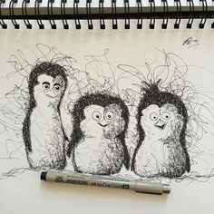 a drawing of three small penguins with one larger penguin behind them