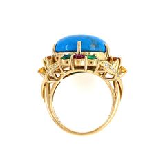 For Sale on 1stDibs - Fabulous and Stylish Turquoise Diamond Emerald Ruby and Diamond Gold Cocktail Ring. Center securely set with a Beautiful 5.50 Carat Cabochon Turquoise. Gold Cocktail Ring, Gold Cocktail, Diamond Gold, Jewelry Business, Cocktail Ring, Gold Jewellery, Cocktail Rings, Gold Diamond, Gold Jewelry