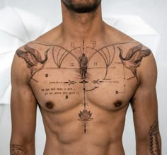 a man with tattoos on his chest is looking at the camera