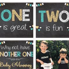 three pictures of two boys and one is holding a sign that says, one is great, another is fun