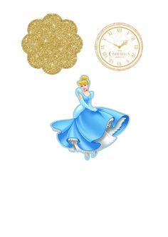 an image of a princess in blue dress with gold glitters on it and a clock