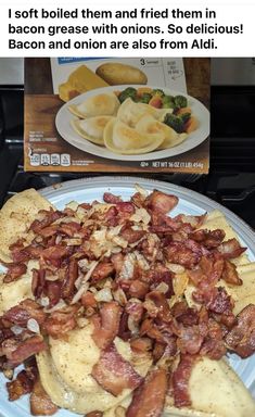 a plate with bacon on it next to a box of potato chips and some other food