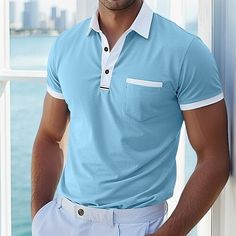 Season:Spring  Summer; Fabric:Polyester; Sleeve Length:Short Sleeve; Look After Me:Washable,Wet and Dry Cleaning; Gender:Men's; Style:Basic,Modern,Comfortable; Elasticity:Micro-elastic; Tops Type:Polo Shirt,Golf Shirt,Golf Polo; Occasion:Holiday,Work,Sports,Casual; Fit Type:Regular Fit; Pattern:Color Block; Design:Patchwork,Button,Pocket; Neckline:Lapel,Ribbed Polo Collar,Classic; Listing Date:05/07/2024 Blue Polo Shirt With Striped Collar, Summer Polo Shirt With Contrast Collar And Short Sleeves, Fitted Polo Shirt With Pockets For Summer, Fitted Summer Polo Shirt With Pockets, Blue Polo Shirt With Striped Collar For Work, Blue Johnny Collar Polo Shirt For Summer, Fitted Polo Shirt With Pockets, Blue Collared Polo Shirt With Button Closure, Classic Blue Polo Shirt With Pockets