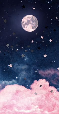 the sky is full of stars and moon in the night, as well as pink clouds