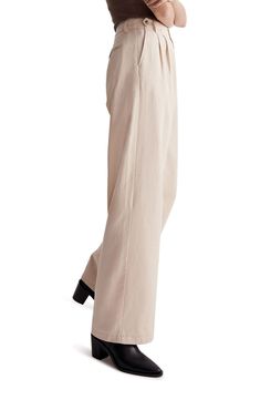 Made of a drapey Tencel® lyocell, cotton and linen blend, these straight-leg pants have sailor-inspired button tabs at the pleated high waist. A cool pick for your back-in-the-office needs. 29" inseam; 23" leg opening; 12" front rise; 14" back rise (size 8)   48% Tencel lyocell, 33% cotton, 19% linen   Tencel lyocell is a sustainably produced fiber made with closed-loop processing   Machine wash, tumble dry   Imported Chic Cotton Ankle-length Chinos, Chic Relaxed Fit High-waisted Chinos, Chic High-waisted Relaxed Fit Chinos, Chic Relaxed Fit Ankle-length Chinos, Chic Cotton Chinos With Tapered Leg, Chic Cotton Chinos For Spring, Chic Relaxed Fit Wide-leg Chinos, Chic Spring Cotton Chinos, Spring Wide-leg Chinos