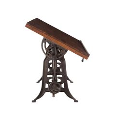 an iron and wood stand with wheels on it's sides, against a white background