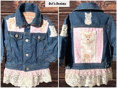 A sweet baby boho woodland denim jacket -beautiful woodland animals over pink and white check fabric on front yokes and the back -baby fox applique on arm and top back -double layer of lace around bottom hem -very soft denim Fox Applique, Military Style Shirts, Lined Flannel Shirt, Cowboy Jacket, Lace Jeans, Repurposed Denim, Check Fabric, Baby Fox, Cute Jackets