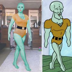 an animated man in a bodysuit next to a cartoon image of a woman with green hair