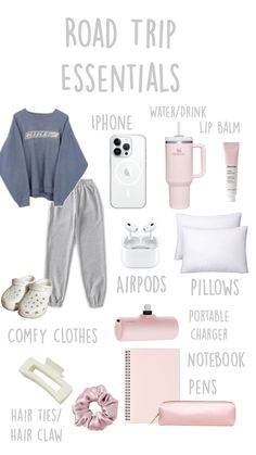 the road trip essentials are organized in pink, grey and white