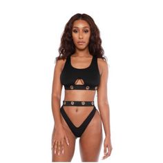 Two Piece Black Bikini Fitted Cutout Beach Crop Top, Fitted Cutout Crop Top For Beach, Black Triangle Top Swimwear With Cutout, Black Cutout Triangle Top Swimwear, Black Triangle Top Swimwear For Club, Fitted Black Crop Top For Poolside, Black Beachwear Crop Top For Beach, Black Triangle Crop Top For Poolside, Black Triangle Crop Top For Beach