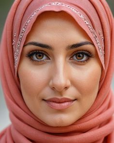 a woman wearing a hijab and smiling at the camera with her eyes wide open